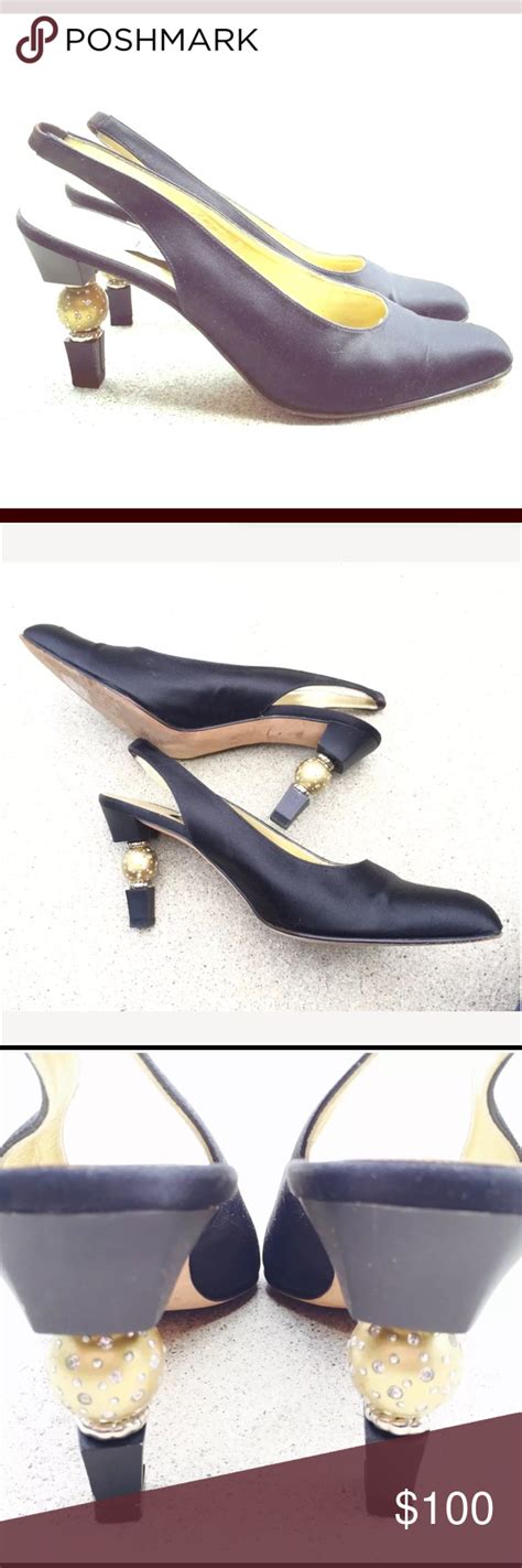 Black Satin Slingback Pumps With Crystals 